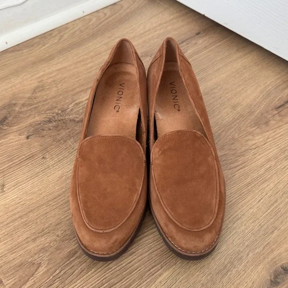 Vionic Ava Suede Wedge Loafers Tan Brown Platform Lug Sole Shoes Womens 8.5 - Picture 3 of 8